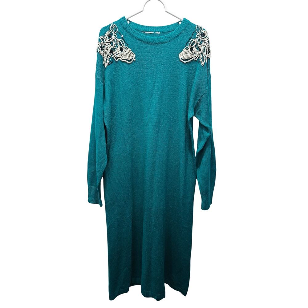 90s Vintage Style Pearl Embellished Teal Sweater Dress Jewel Tone Knit L